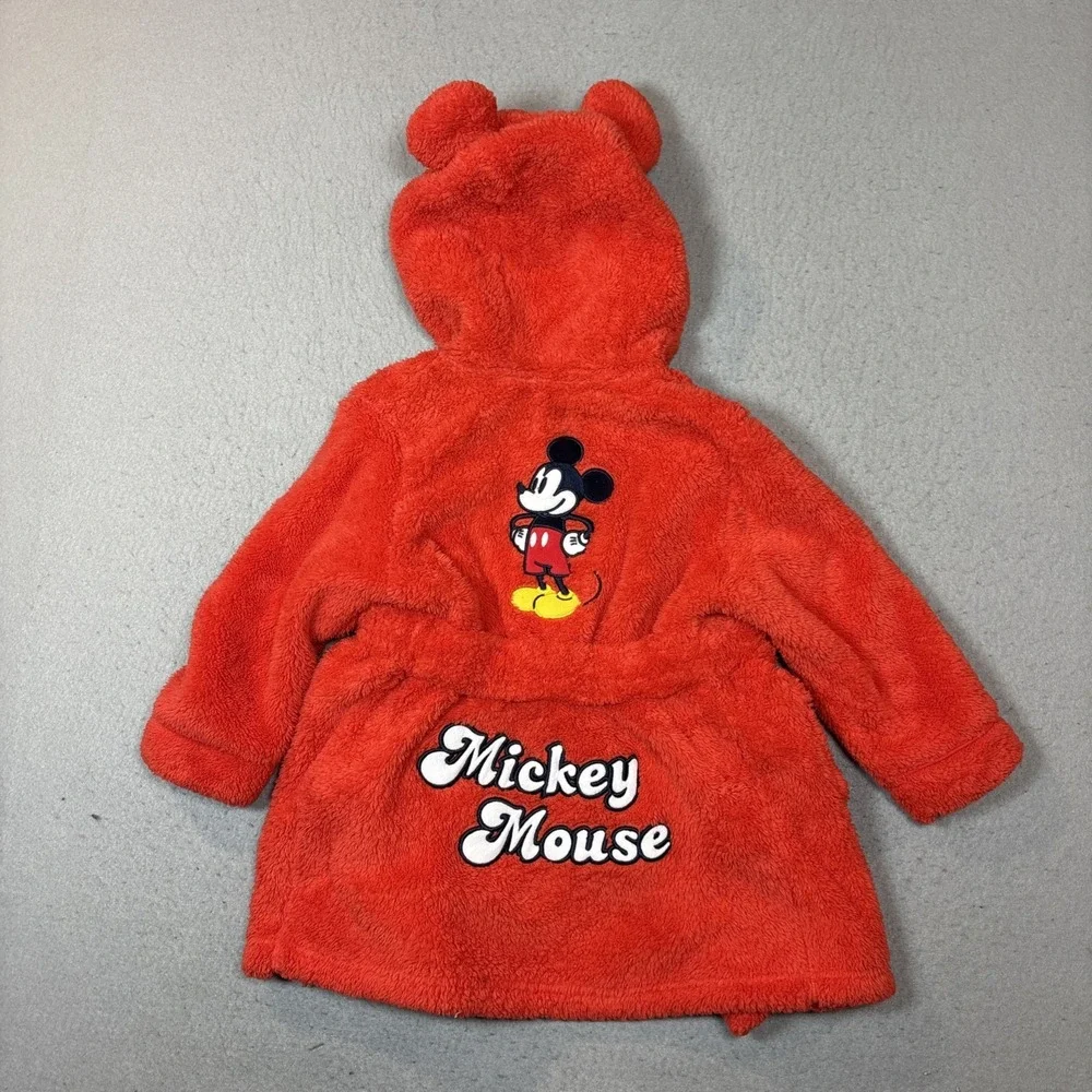 Disney Mickey Mouse Bathrobe Kids Size 4 Red Embroidered Logo EUC